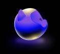 Floating purple cartoon cat head looking towards to upper left